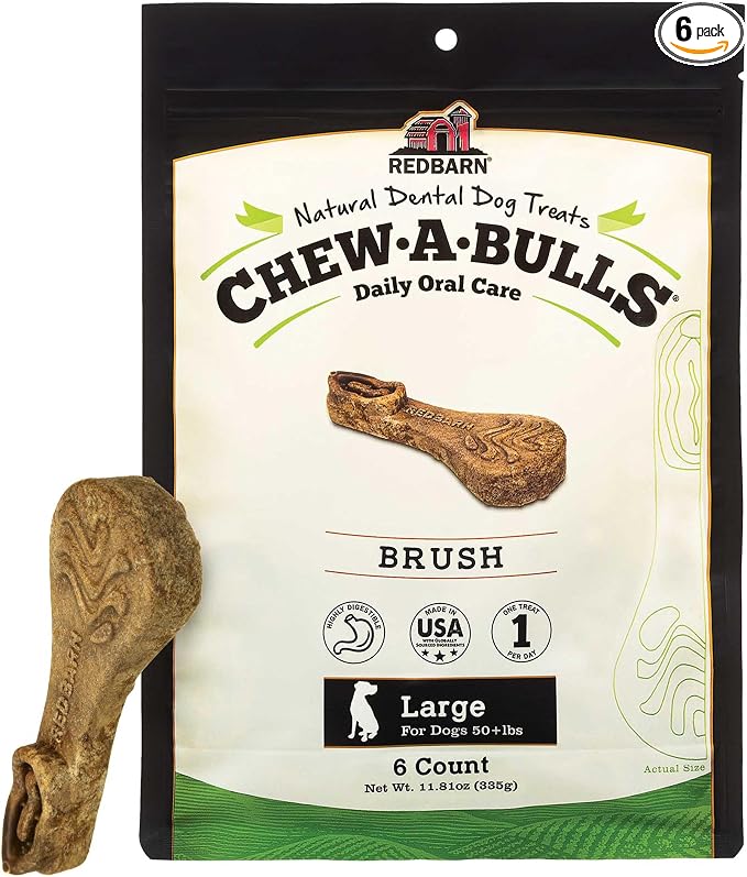 Redbarn Chew-A-Bulls, 6 Pack – Large Brush Shape Dog Dental Treats – Daily Oral Care with Fun Ridges & Grooves, All Natural Ingredients, Highly Digestible Chews & Low in Fat