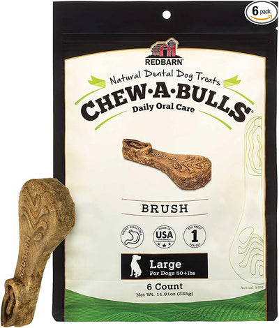 Redbarn Chew-A-Bulls, 6 Pack – Large Brush Shape Dog Dental Treats – Daily Oral Care with Fun Ridges & Grooves, All Natural Ingredients, Highly Digestible Chews & Low in Fat