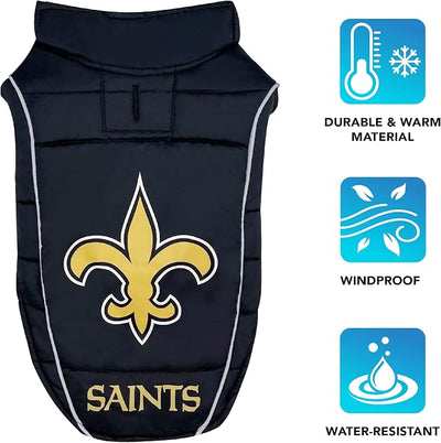 NFL New Orleans Saints Puffer Vest for Dogs & Cats, Size Large. Warm, Cozy, and Waterproof Dog Coat, for Small and Large Dogs/Cats. Best NFL Licensed PET Warming Sports Jacket