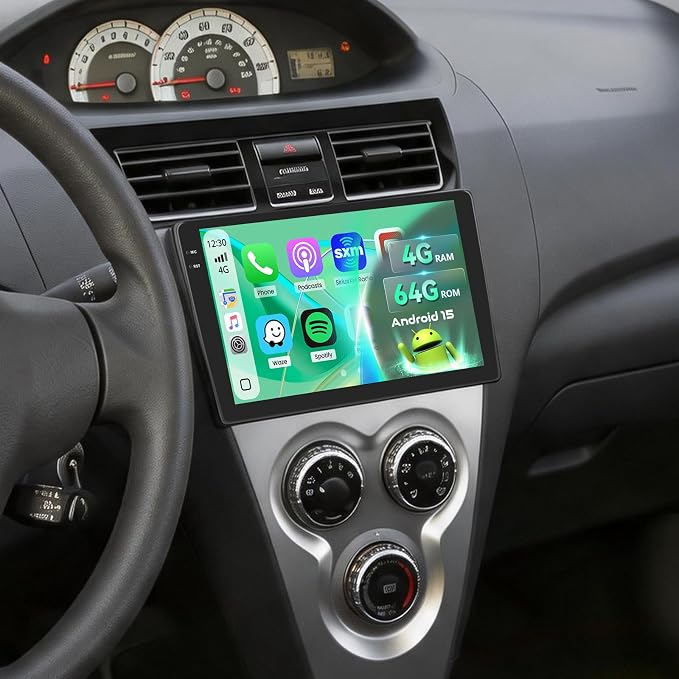 5Ghz WiFi 4G+64G Android 15 Car Radio for Toyota Yaris Vios 2007-2014 Car Stereo with Wireless Carplay/Android Auto, 9 Inch HD Touch Screen with GPS Bluetooth FM/RDS EQ SWC Backup Camera MIC