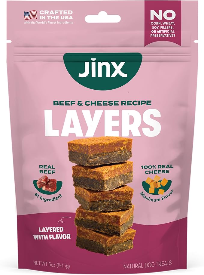 Jinx Beef & Cheese Layers Jerky Dog Treats - Crunchy, All Natural Dog Jerky Treats with Grass-Fed Beef & Cheese - Pet Products for All Dogs (Puppies, Adults & Seniors) - 5oz