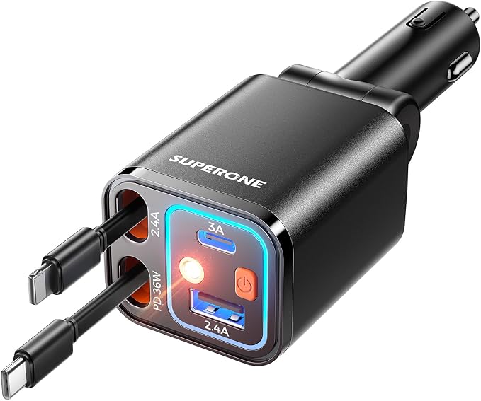 SUPERONE Retractable Car Charger, 69W Car Charger Adapter for iPhone 17 USB C Charger Fast Charging with Starry Light, Car Accessories Compatible with iPhone 17/16/15/14/13/12, iPad, Android, Pixel