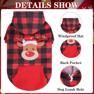 EXPAWLORER Plaid Dog Hoodie - British Style Warm Dog Sweater Shirt with Leash Hole,Pitbull Clothes Outfits,Winter Coat Apparel for All Breeds Puppy Girl Boy-Cat Apparel,Christmas Buffalo Check Large