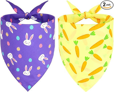 Vivifying Easter Dog Bandanas - 2 Pack Festive Pet Accessories with Cute Bunny and Carrot Patterns, Perfect for Easter Celebrations (Large, Purple & Yellow)
