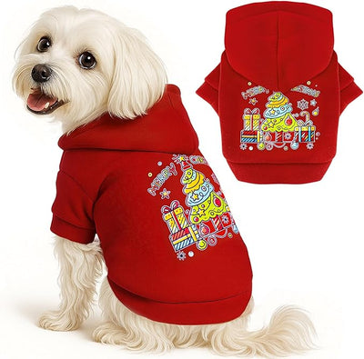 ABRRLO Small Dog Hoodie Clothes Red Christmas Dog Outfit Warm Fleece Dogs Sweater for Small Dogs Cat Boy Girl Cute Puppy Sweatshirt with Leash Hole Xmas Doggy Costume Chihuahua Yorkie(Xmas Tree,XL)