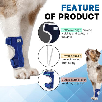 Dog Front Leg Brace with Removable Metal Springs- Adjustable Reflective Ankle Wrap for Dogs, Anti-Slip Reverse-Buckle Design Dog Splint Front Leg for Arthritis, Sprains, Injury Recovery (Blue, S)