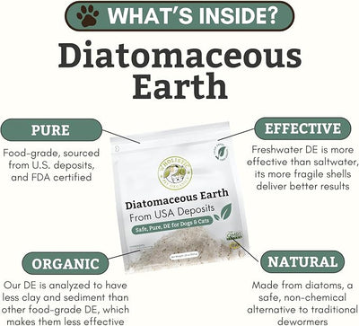 Wholistic Pet Organics Diatomaceous Earth - Food Grade for Dogs & Cats - 13 Oz - Multi Use Powder - Pet Safe Non-Chemical Freshwater Sourced Silica Supports Overall Health - Made in USA - 105 Scoops