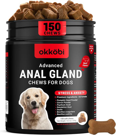 Anal Gland Chews 150Pcs - Constipation Relief for Dogs and Digestive Support - US Formula with Fiber Supplements, Natural Ingredients & Vitamins - Beef
