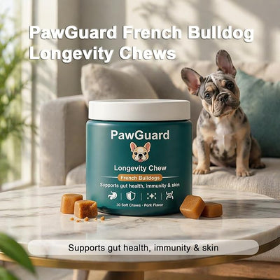 PawGuard French Bulldog Longevity Chews, Breed-Specific Formula Supplement for Bulldogs' Probiotics Chews, Supports Gut Health, Immunity & Skin, Pork Flavor, 30 Count (2 PCS)