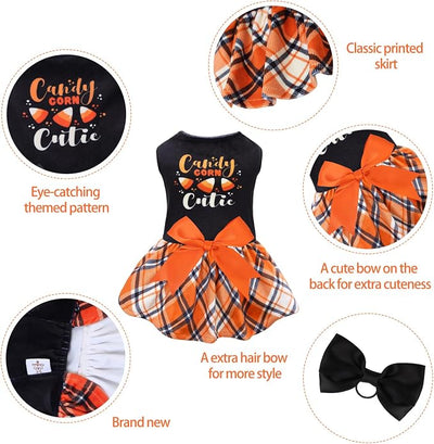 CuteBone Halloween Dog Dresses Velvet Holiday Small Dogs Clothes Onesie Pet Apparel Girl Puppy Skirt with Bow Hair Rope
