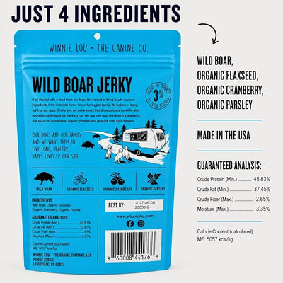 Winnie Lou Wild Boar Jerky Dog Treats – Limited Ingredient, Human Grade, Training Treats for Small, Medium & Large Dogs, USA Made, High Protein, Chews, Hypoallergenic, Sensative Stomach (2 Pack)