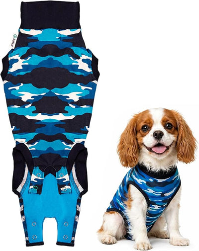 Suitical Recovery Suit for Dogs | Spay and Neutering Dog Surgery Recovery Suit for Male or Female | Soft Fabric for Skin Conditions and Light Incontinence | 3XS Neck to Tail 8.7”-13.8” Blue Camouflage