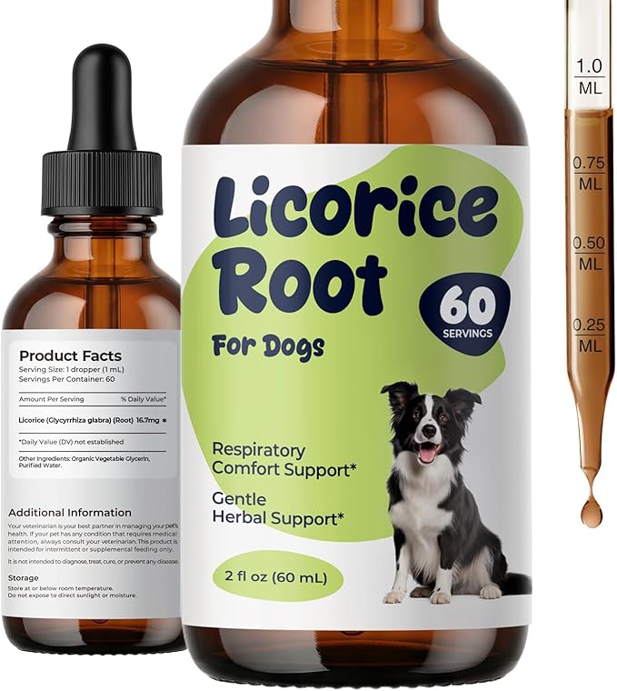 Licorice Root Drops for Dogs – Herbal Throat & Respiratory Comfort Support, Digestive Balance & Skin Wellness, Liquid Licorice Root Extract, Easy Daily Supplement, 2 fl oz (60 mL)