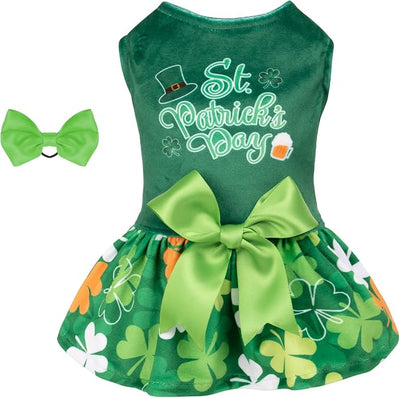 CuteBone St.Patrick's Day Dog Green Dress Velvet for Small Dogs Girl Puppy Dresses Clover Dog Clothes