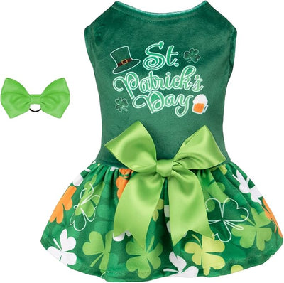 CuteBone St.Patrick's Day Dog Green Dress Velvet for Small Dogs Girl Puppy Dresses Clover Dog Clothes