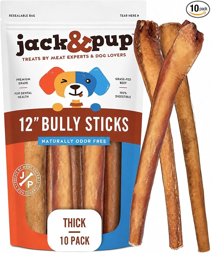 Jack&Pup 12 Inch Bully Sticks for Dogs (10 Pack) Extra Thick Dog Chews Long Lasting, Odor Free, Single Ingredient, 100% Beef Bully Sticks for Large Dogs