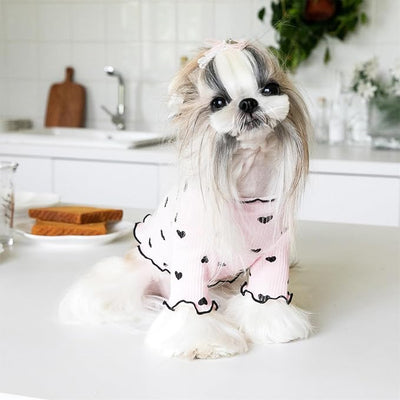 Pet Clothes for Small Dogs Cat Summer Fall Heart Print Shirt Stretchable Ruffle Long Sleeve Outfits for Chihuahua Schnauzer Shih Tzu Yorkie (Pink, X-Large)