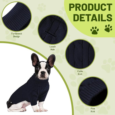 Small Dog Thermal Pullover Sweater, Classic Turtleneck Cable Knitwear Dog Clothes for Cold Weather Warm Pet Clothes for Chihuahua, Bulldog, Dachshund, Pug Navy Medium