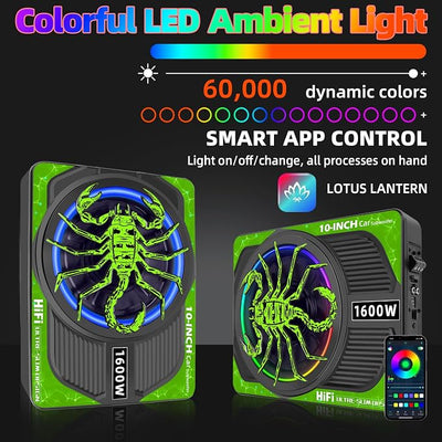2026 Upgraded 10" 1600W Slim Under Seat Car Subwoofer with Built-in Amp & LED Ambient Lights - Low Profile Bass Sub for Car Audio Individual Controls (LPF/Gain/Bass Boost) High Output Distortion-Free