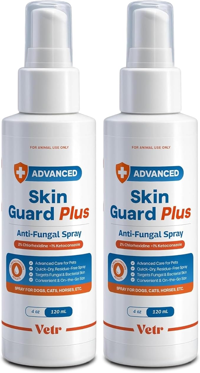 vetr Skin Guard Plus Chlorhexidine Ketoconazole Spray, Dogs Cats Horses, 2pk | Set of two 4 oz bottles, Fresh Scent, 2% / 1% dual-action formula, Soothes itchy, irritated skin, Controls odors