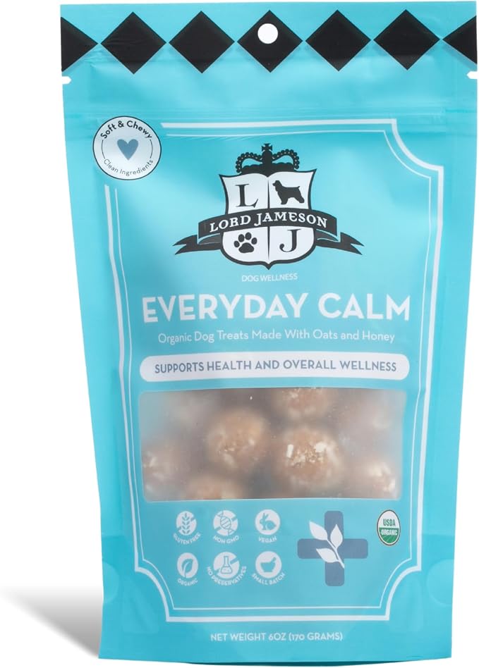 Lord Jameson Everyday Calm Soft & Chewy Organic Dog Treats - Organic Peanut Butter & Soothing Chamomile - No-Bake Recipe - Gluten-Free, Preservative-Free, USDA Certified Organic - Made In USA 6 oz