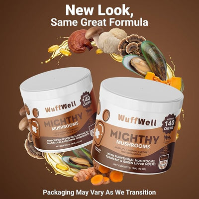 WuffWell Mighty Mushroom Supplement for Dogs - Turkey Tail & Green Lipped Mussel - Senior Dog Wellness, Immune Support, Turmeric - Enhance Vitality & Longevity in Aging Dogs - 7 Mushrooms