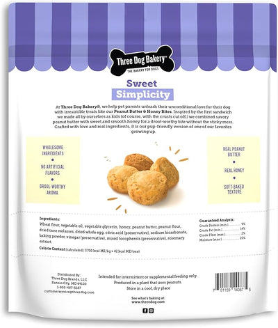 Three Dog Bakery Peanut Butter & Honey Bites, Mess-Free Snacks & Training Cookies for Dogs & Puppies, Human-Inspired