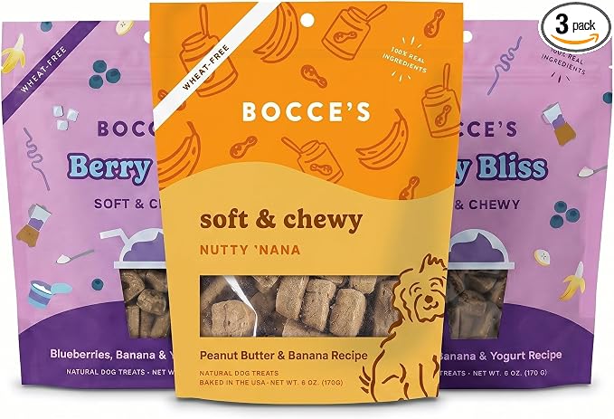 Bocce's Bakery Berry Bliss Smoothie (2) + Nutty 'Nana (1) Dog Treat Bundle – Natural, Wheat-Free Soft & Chewy Cookies Made with Real Ingredients and Baked in The USA – 3 Pack Bundle