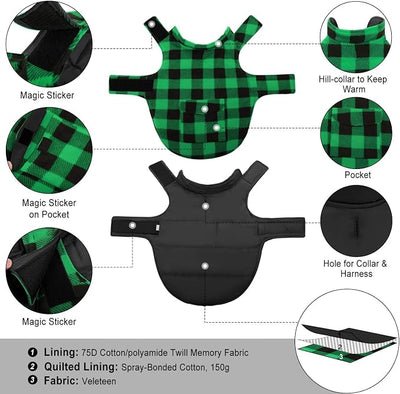 ASENKU Dog Winter Coat, Fleece Doggie Jacket Plaid Reversible Vest Waterproof Windproof Cold Weather Clothes for Small Medium Large Dogs (L, Green)