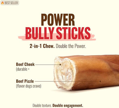 Natural Farm Power Bully Sticks Dog Chews (12”, 12-Pack), 2-in-1 Power Chews: Premium Beef Cheek Wrapped in Beef Pizzle, Double Chewing Time, Great Dog Dental Treats, for Small, Medium & Large Dogs