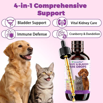 Cat & Dog Urinary Tract Support Drops, Cranberry Supplement for Dogs & Cats, Bladder & Kidney Health Liquid with Dandelion, Turmeric, L-Lysine, Taurine & Vitamins, Chicken Flavor, 2 fl oz