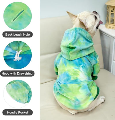 PAWCHIE Dog Hoodie for Small Dogs,Tie Dye Dog Cloth with Leash Hole,Puppy Sweatshirt, Pet Outfit, Cat Apparel,Blue Green,M