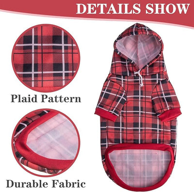 EXPAWLORER Plaid Dog Hoodie - British Style Warm Dog Sweater Shirt with Leash Hole,Pitbull Clothes Outfits,Winter Coat Apparel for All Breeds Puppy Girl Boy-Cat Apparel,Red Large