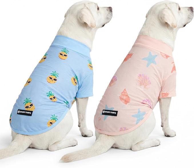 Spark Paws Sunblock Dog T-Shirt, SPF30 Protection, Lightweight Breathable Quick Dry for Dogs with Sensitive Skin - Pineapple & Seashells (Set of 2) - Size 3XL