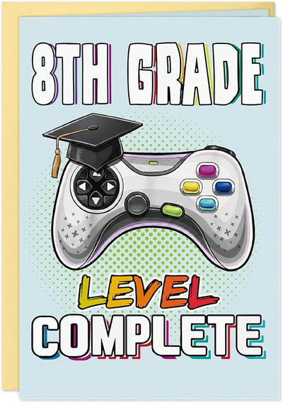 FLYAB 8th Grade Graduation Card for Boys - Funny Level Complete Design Middle School Graduation Card for Boys Best 8th Grade Graduation Gifts Gift with Gold Envelope & Sealing Sticker, 5.5 x 8 Inch