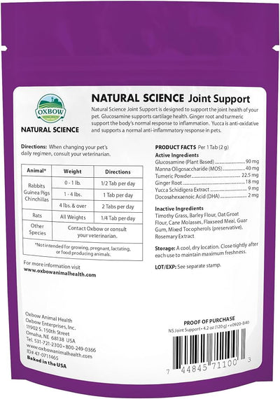 Oxbow Natural Science Joint Support, Anti Inflammatory Supplement for Rabbit & Guinea Pig, Oxbow Timothy Hay, Made with Glucosamine, Turmeric, & Yucca, Made in USA, 4.2 oz Bag