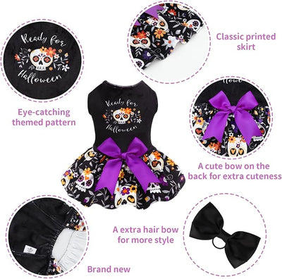 CuteBone Halloween Dog Dresses Velvet Holiday Small Dogs Clothes Onesie Pet Apparel Girl Puppy Skirt with Bow Hair Rope