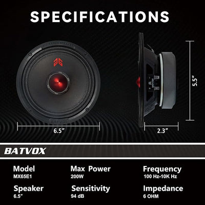MX65E1 Midrange Loudspeaker 6.5" Red Bullet, 400W Max, 6 Ohms, Premium Quality Audio Door Speakers for Car or Truck Stereo Sound System, Black (2 Speaker)