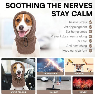 Dog Calming Hoodie Pet Ear Cover, Adjustable Headband for Small Medium Large Dogs, Pet Muffs Head Wraps for Grooming Firework Thunderstorms, Brown XL