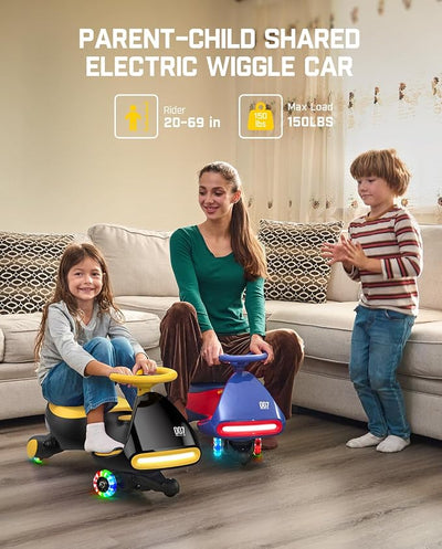 FanttikRide N7 Pro Electric Wiggle Car with Pedal, Rechargeable Battery, CyberWiggle, 2 in 1 Swing Car, 2 Speeds Max 4 Mph, Anti-Rollover, Flashing Wheels, Bluetooth, Ages 3+, 150 Lbs,Yellow