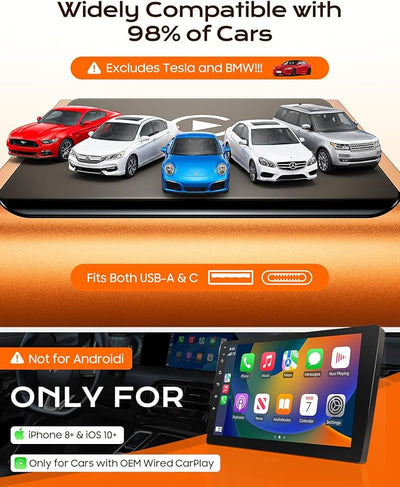 Mini Wireless CarPlay Adapter for iPhone Apple, USB-A/C Plug & Play | Go Wireless with Factory Wired Apple CarPlay, Fast Auto Connect, Low Latency, Compatible with iOS 10+ & 2015+ Cars, Orange