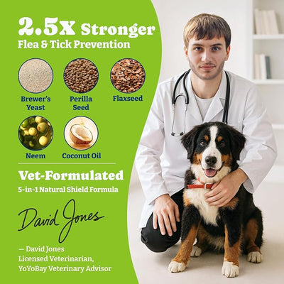 Flea & Tick Prevention for Dogs Chewables, YoYoBay Natural Dog Fleas and Ticks Control Supplement, Dogs Supplement, Natural Shield 5-in-1 Protection, Beef & Carrot Flavor, 180 Soft Chews *2 Pack