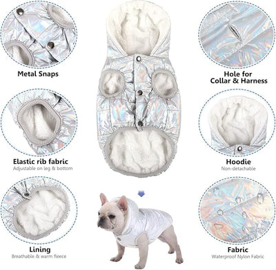 SAWMONG Waterproof Dog Winter Coat, Warm Fleece Lined Dog Jacket with Hood, Windproof Puppy Coat, Pet Apparel Vest for Outdoor&Indoor Winter Activities(Silver,M)