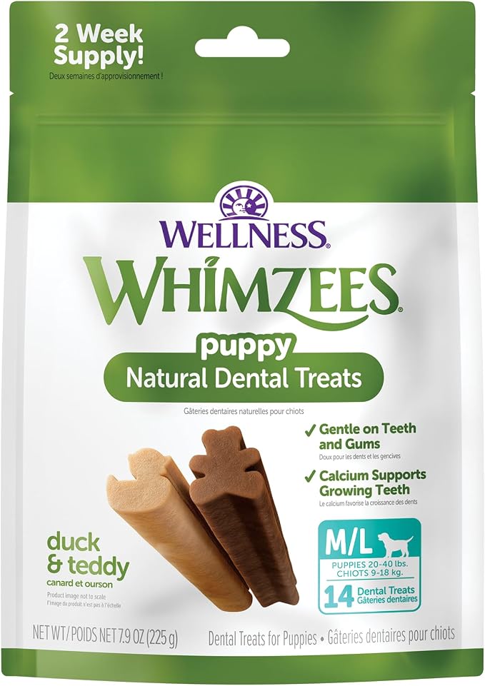 Wellness WHIMZEES Puppy Natural Dog Dental Treat, Chews, Freshens Breath, Medium/Large Size, 7.9 oz Bag, 14 Count