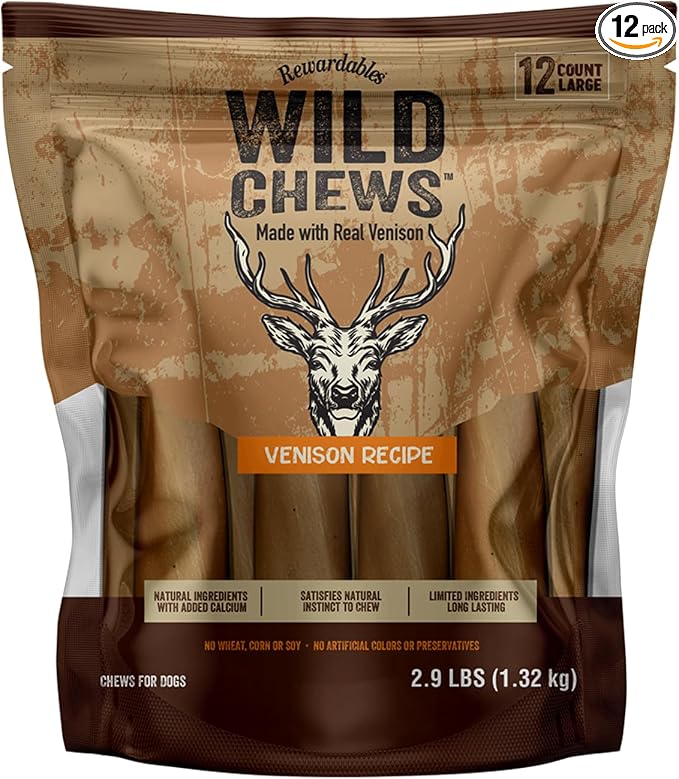 Rewardables | Wild Chews | Venison Recipe, Made with Real Venison, Limited Ingredient, Long Lasting Chews for Large Dogs | 12 Count