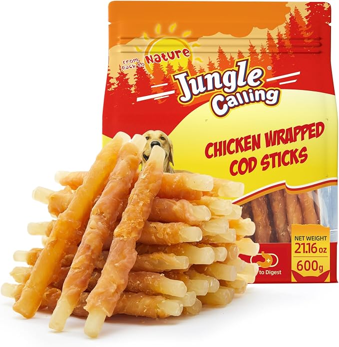 Jungle Calling 1.32 lb 35-Count Rawhide Free Dog Treats, 4.5-Inch Chicken Wrapped Cod Sticks for Dogs, Easily Digestible Long Lasting Dog Chews, Soft & Chewy Training Treats for Small Medium Dogs