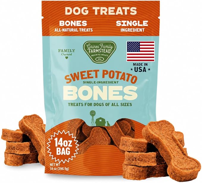 Gaines Family Farmstead Sweet Potato Dog Bones – 14 oz Bag, All-Natural, Single Ingredient, Grain-Free Dog Treats for Digestive Health, High Fiber - Training & Rewards, Made in USA