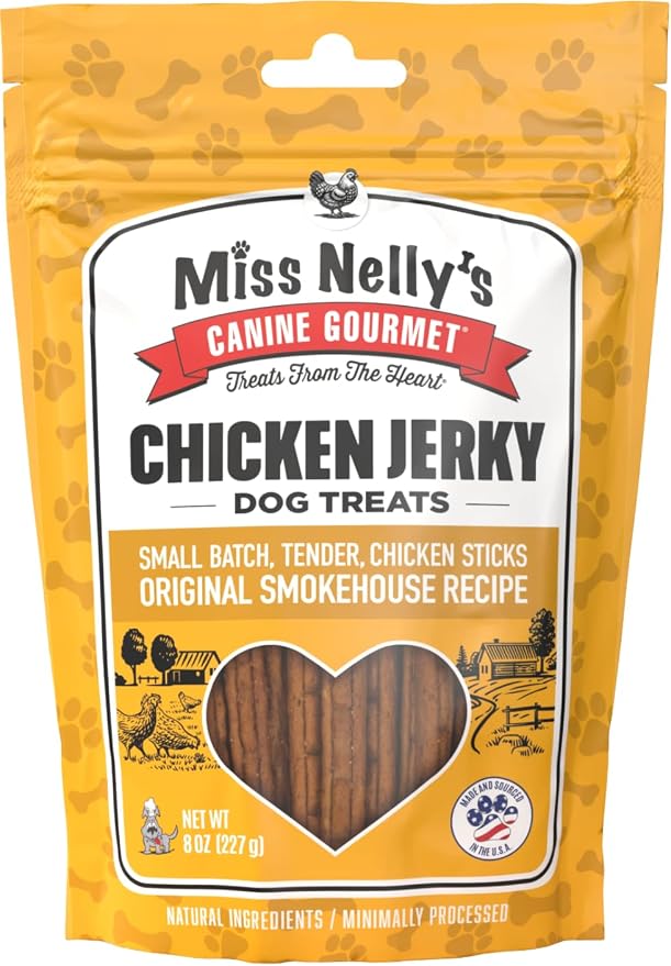 Miss Nelly's - Chicken Jerky Dog Treats - Soft Sticks - USA Made and Sourced - Original Smoke House Recipe - Small Batch Chicken Jerky for Dogs - Minimally Processed - 8 oz. Bag