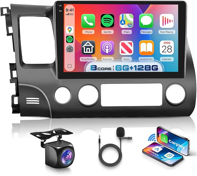 [8 CORE 6G+128G] Car Stereo for Honda Civic 2006-2011 with Wireless Carplay/Android Auto, 10.1 Inch Android 15 IPS Touch Screen Car Radio, Bluetooth, GPS, 5G WiFi, SWC, DSP+Backup Camera