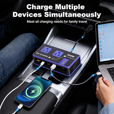 200W Car Power Inverter, Amcelooy Dual DC 12V to 110V AC Car Outlet Adapter to Wall Plug,Fast Charging 24W USB-C & USB Ports,Car Charger for Laptop, Vehicles, Road Trip Essentials(Purple)